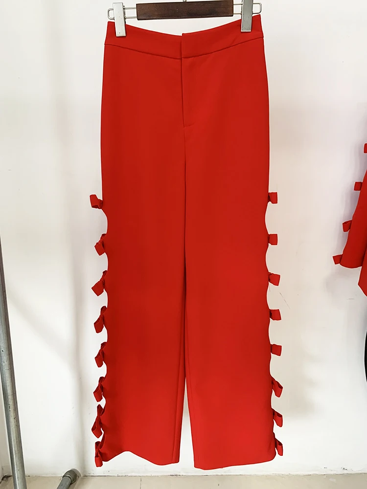 HIGH STREET Newest 2026 S/S Designer Runway Suit Set Women's Long Sleeve Hollow Out Bow Blouse Tops Wide Leg Pants Set 2pcs