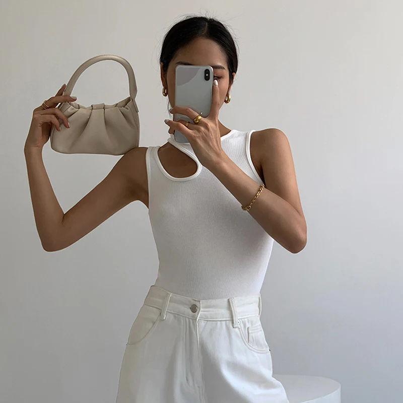 Casual y2k White Cut Out Women's T Shirt Sleeveless Slim T Shirts Female Clothing 2024 Summer Fashion crop top women camisetas