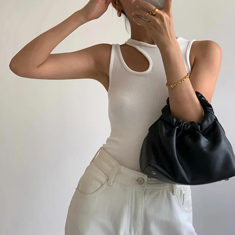 Casual y2k White Cut Out Women's T Shirt Sleeveless Slim T Shirts Female Clothing 2024 Summer Fashion crop top women camisetas