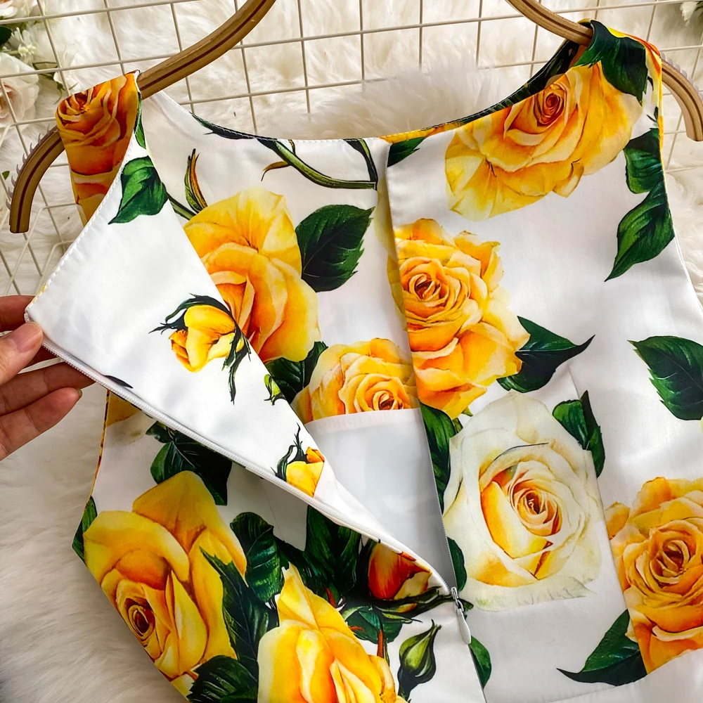 Fashion Runway Summer Midi Long Women Dress O-Neck Sleeveless Elegant Yellow Rose Print Office Lady Work Wear Vestidos 6839