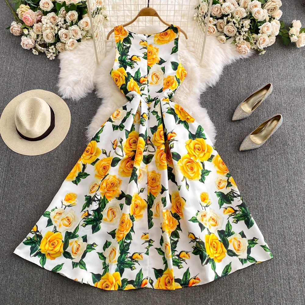 Fashion Runway Summer Midi Long Women Dress O-Neck Sleeveless Elegant Yellow Rose Print Office Lady Work Wear Vestidos 6839