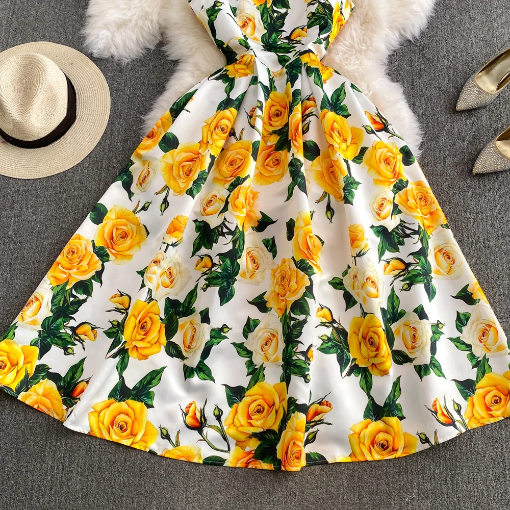 Fashion Runway Summer Midi Long Women Dress O-Neck Sleeveless Elegant Yellow Rose Print Office Lady Work Wear Vestidos 6839