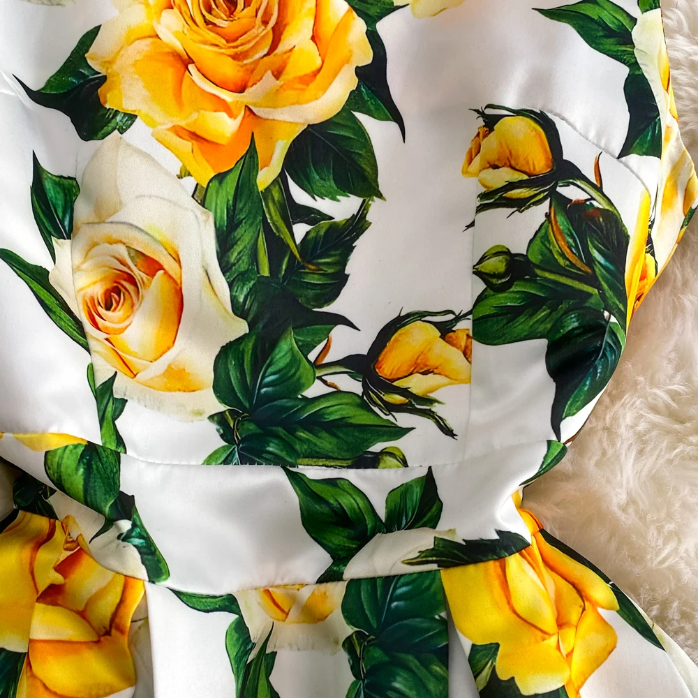 Fashion Runway Summer Midi Long Women Dress O-Neck Sleeveless Elegant Yellow Rose Print Office Lady Work Wear Vestidos 6839