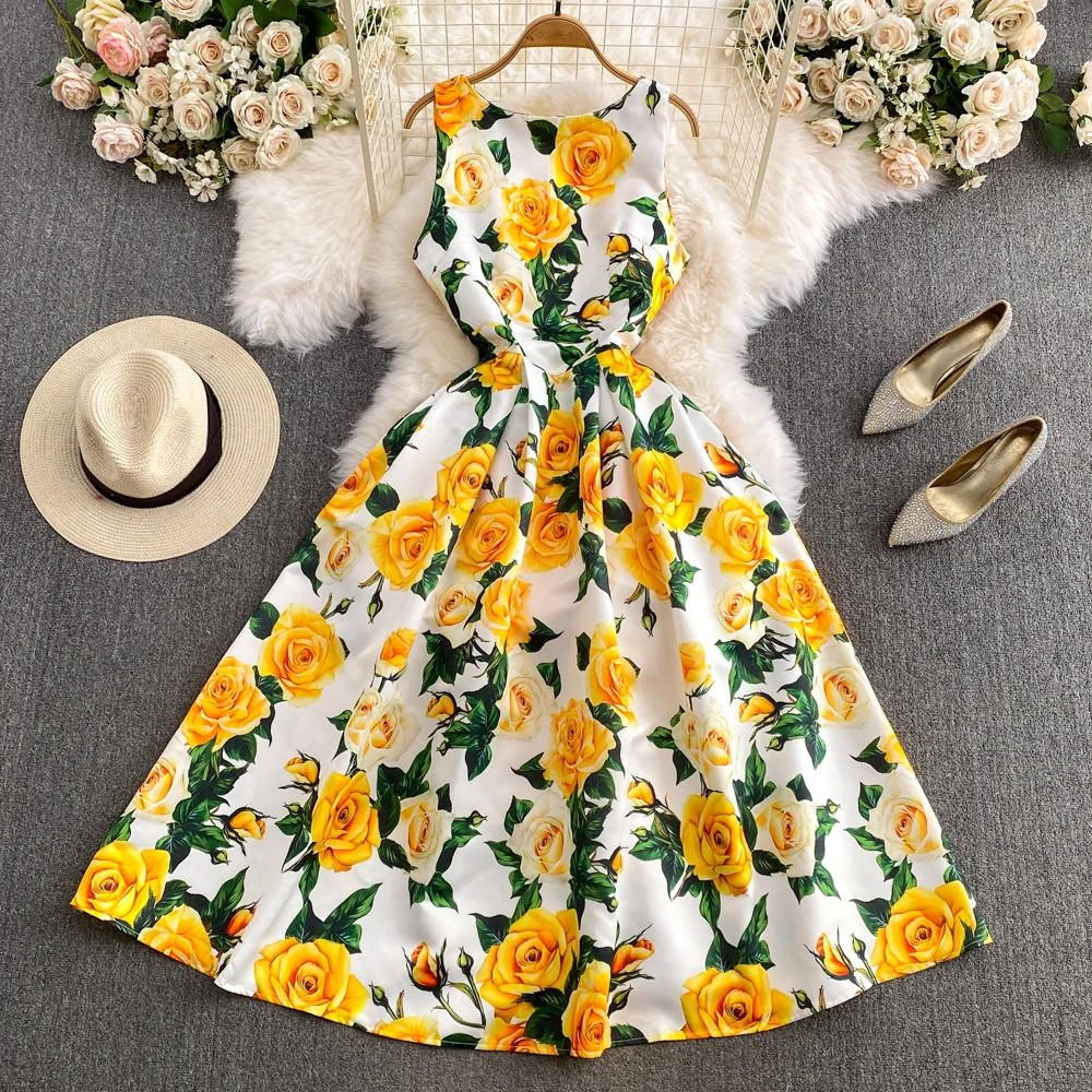 Fashion Runway Summer Midi Long Women Dress O-Neck Sleeveless Elegant Yellow Rose Print Office Lady Work Wear Vestidos 6839