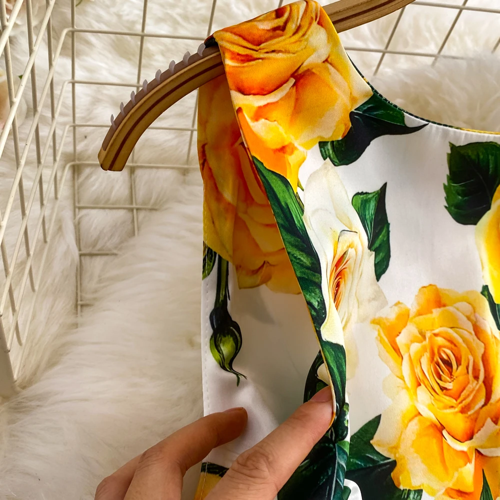 Fashion Runway Summer Midi Long Women Dress O-Neck Sleeveless Elegant Yellow Rose Print Office Lady Work Wear Vestidos 6839