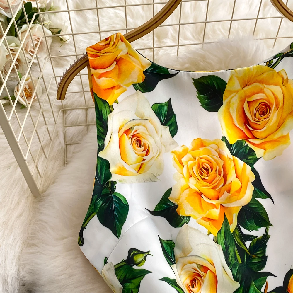 Fashion Runway Summer Midi Long Women Dress O-Neck Sleeveless Elegant Yellow Rose Print Office Lady Work Wear Vestidos 6839