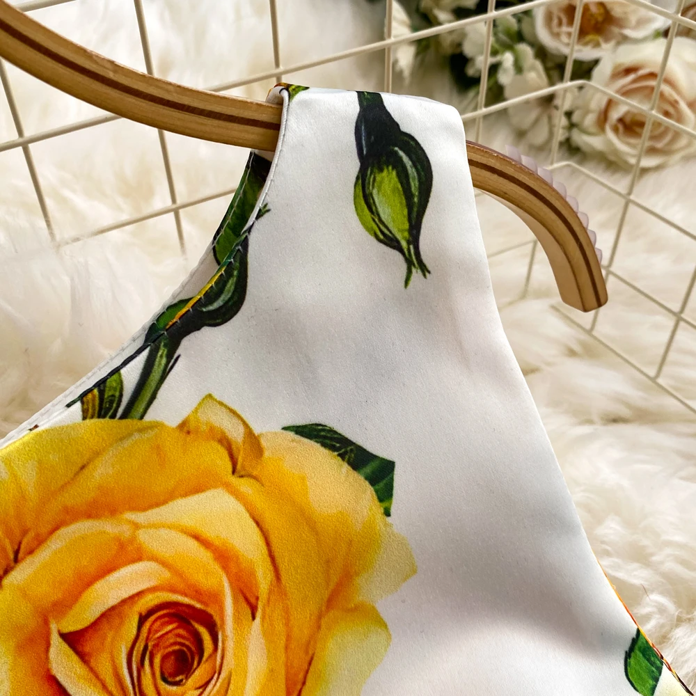 Fashion Runway Summer Midi Long Women Dress O-Neck Sleeveless Elegant Yellow Rose Print Office Lady Work Wear Vestidos 6839