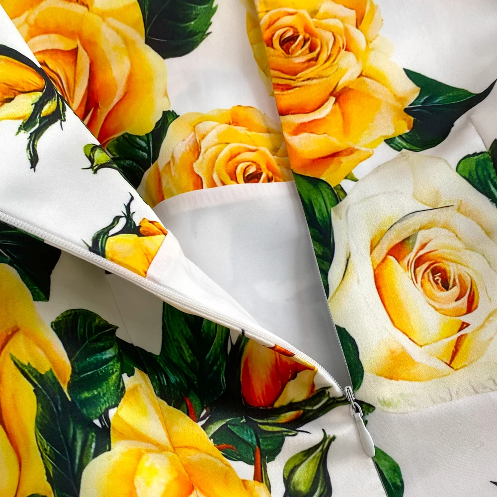 Fashion Runway Summer Midi Long Women Dress O-Neck Sleeveless Elegant Yellow Rose Print Office Lady Work Wear Vestidos 6839