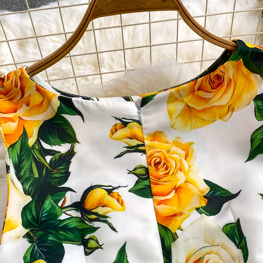 Fashion Runway Summer Midi Long Women Dress O-Neck Sleeveless Elegant Yellow Rose Print Office Lady Work Wear Vestidos 6839