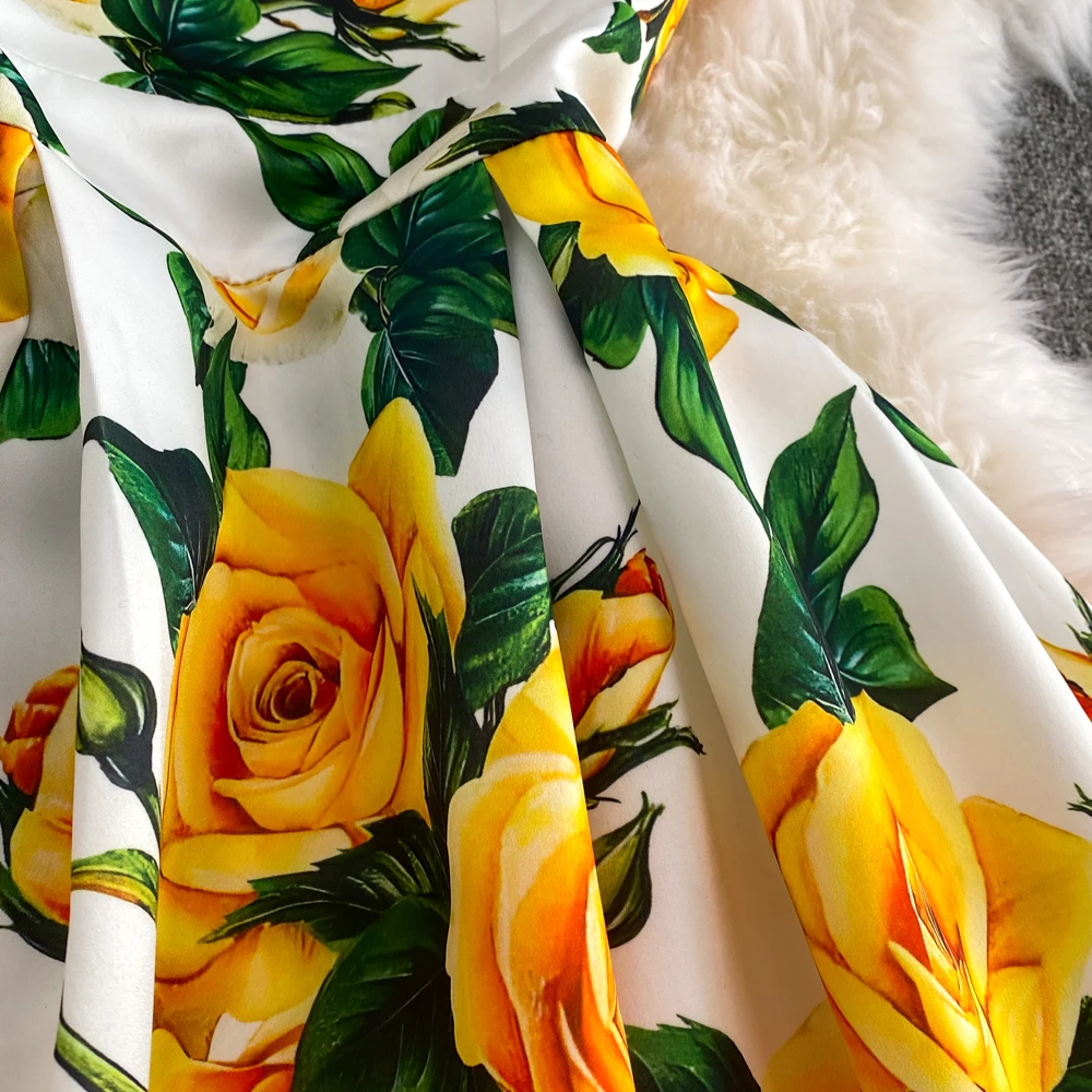 Fashion Runway Summer Midi Long Women Dress O-Neck Sleeveless Elegant Yellow Rose Print Office Lady Work Wear Vestidos 6839