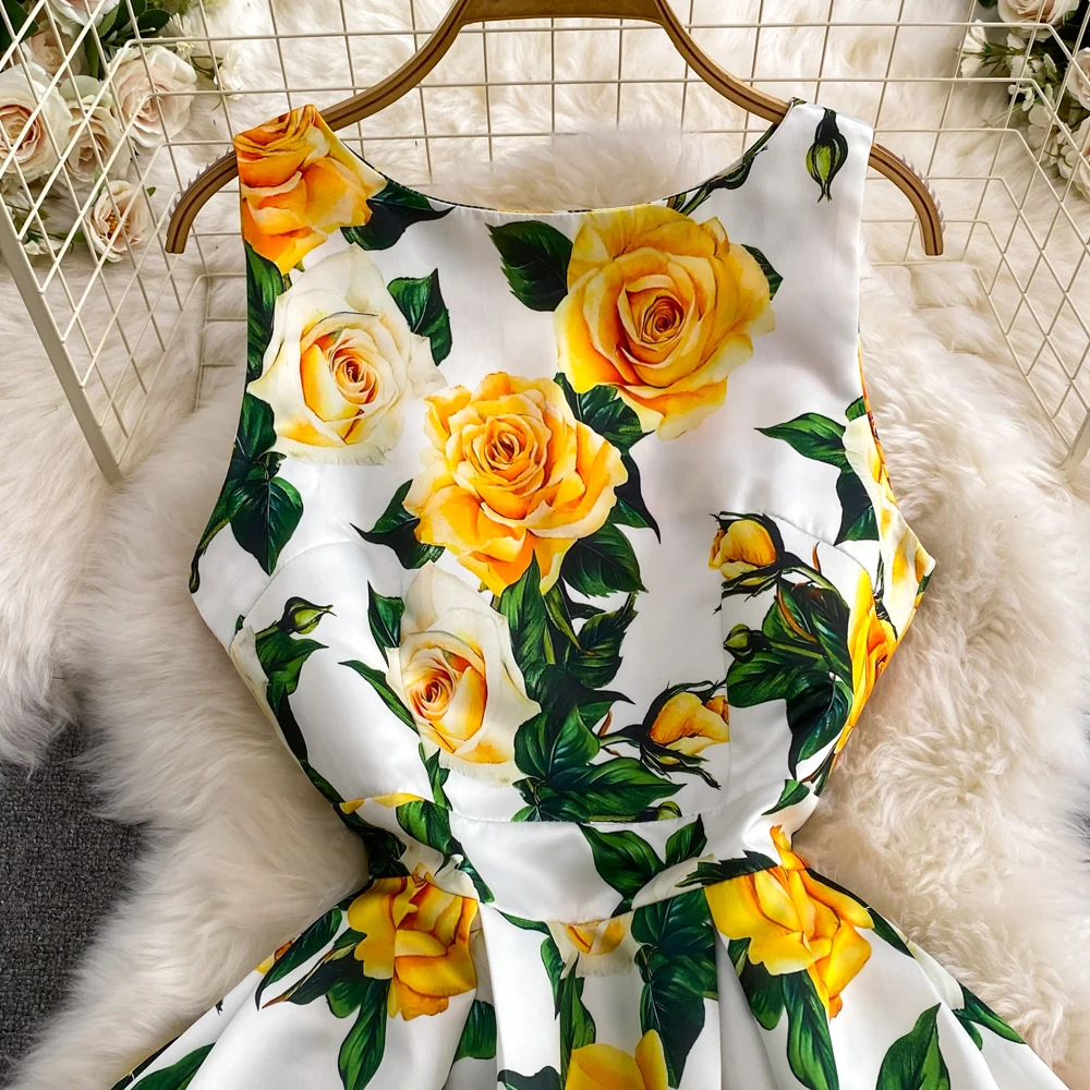 Fashion Runway Summer Midi Long Women Dress O-Neck Sleeveless Elegant Yellow Rose Print Office Lady Work Wear Vestidos 6839