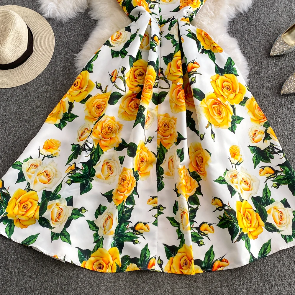 Fashion Runway Summer Midi Long Women Dress O-Neck Sleeveless Elegant Yellow Rose Print Office Lady Work Wear Vestidos 6839