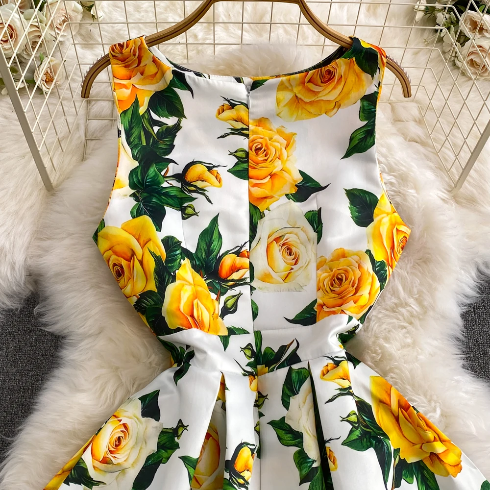 Fashion Runway Summer Midi Long Women Dress O-Neck Sleeveless Elegant Yellow Rose Print Office Lady Work Wear Vestidos 6839