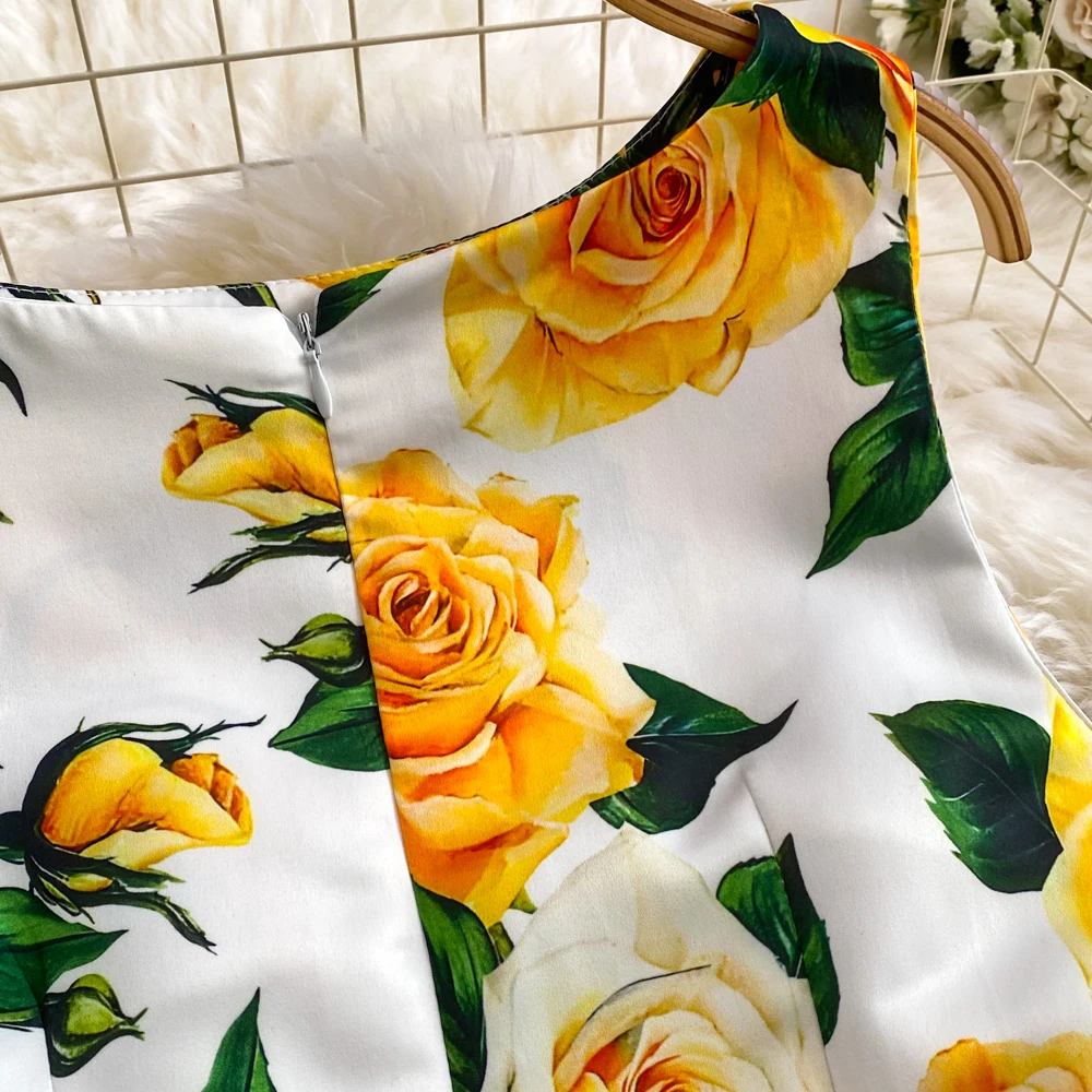 Fashion Runway Summer Midi Long Women Dress O-Neck Sleeveless Elegant Yellow Rose Print Office Lady Work Wear Vestidos 6839