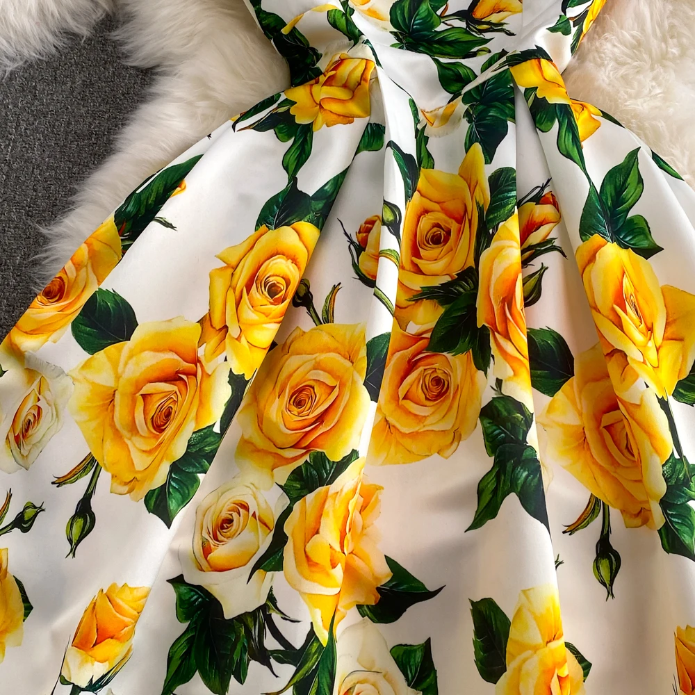 Fashion Runway Summer Midi Long Women Dress O-Neck Sleeveless Elegant Yellow Rose Print Office Lady Work Wear Vestidos 6839