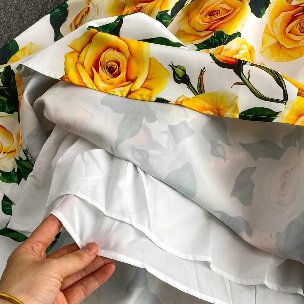 Fashion Runway Summer Midi Long Women Dress O-Neck Sleeveless Elegant Yellow Rose Print Office Lady Work Wear Vestidos 6839