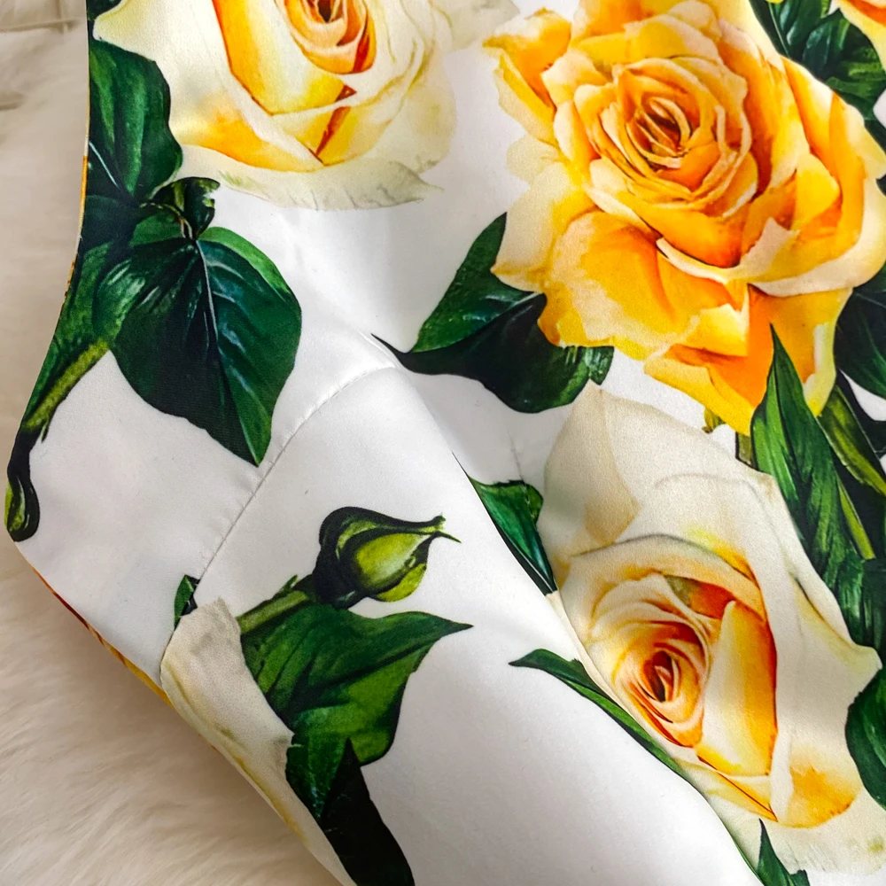 Fashion Runway Summer Midi Long Women Dress O-Neck Sleeveless Elegant Yellow Rose Print Office Lady Work Wear Vestidos 6839