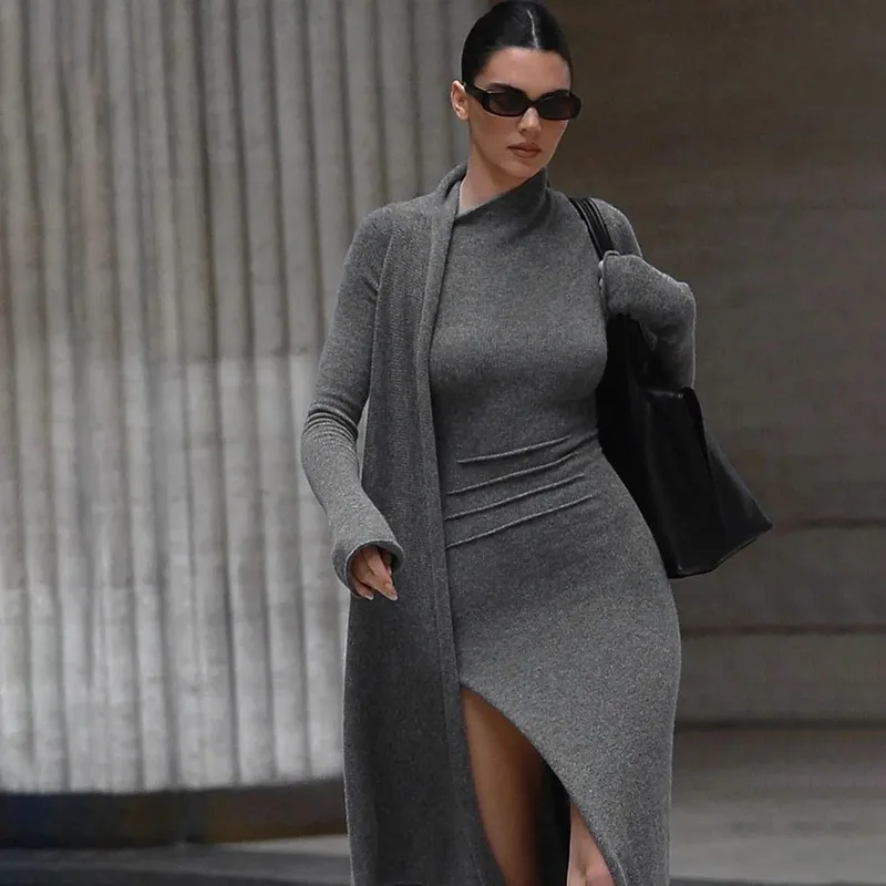 Asymmetrical Knit Long Dresses for Women Winter Fashion Kendall Outfits Gray Black Sexy Long Sleeve Slit Dress