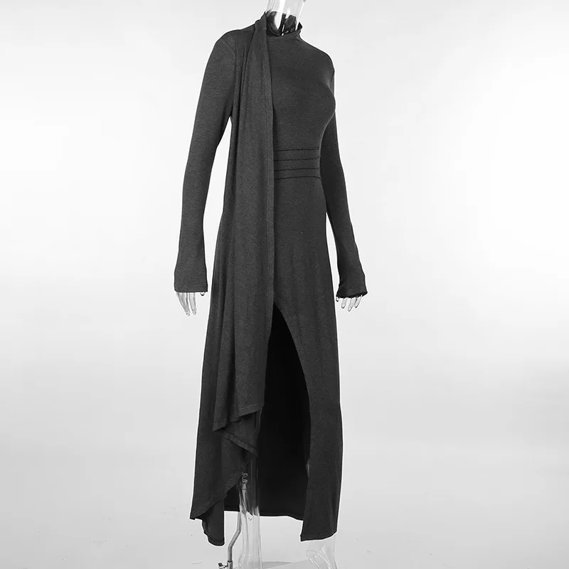 Asymmetrical Knit Long Dresses for Women Winter Fashion Kendall Outfits Gray Black Sexy Long Sleeve Slit Dress