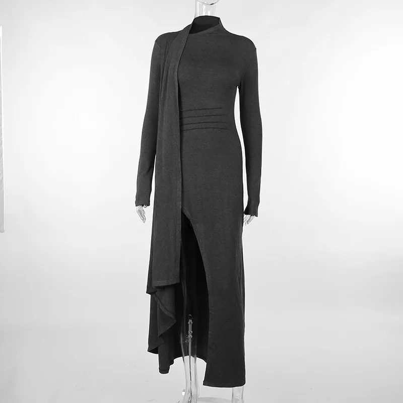 Asymmetrical Knit Long Dresses for Women Winter Fashion Kendall Outfits Gray Black Sexy Long Sleeve Slit Dress