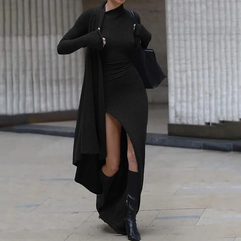 Asymmetrical Knit Long Dresses for Women Winter Fashion Kendall Outfits Gray Black Sexy Long Sleeve Slit Dress