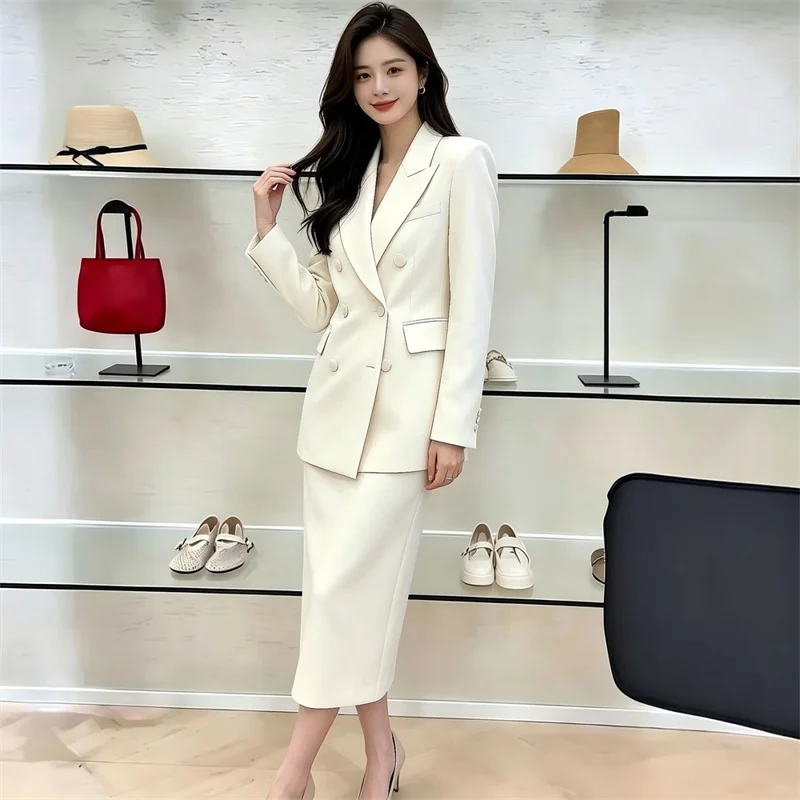 White Blazers Suits Set For Women 2026 New Spring Autumn Temperament Professional Formal Suit + Skirts 2PCS Ladies Outfits