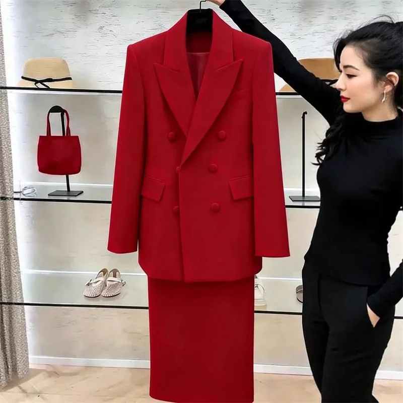 White Blazers Suits Set For Women 2026 New Spring Autumn Temperament Professional Formal Suit + Skirts 2PCS Ladies Outfits