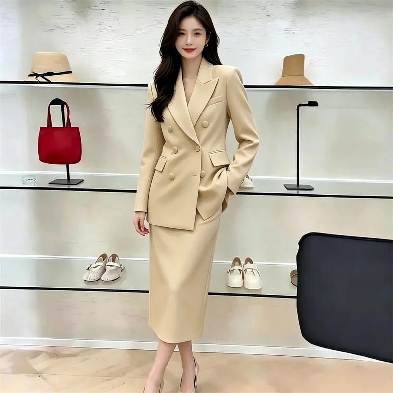 White Blazers Suits Set For Women 2026 New Spring Autumn Temperament Professional Formal Suit + Skirts 2PCS Ladies Outfits
