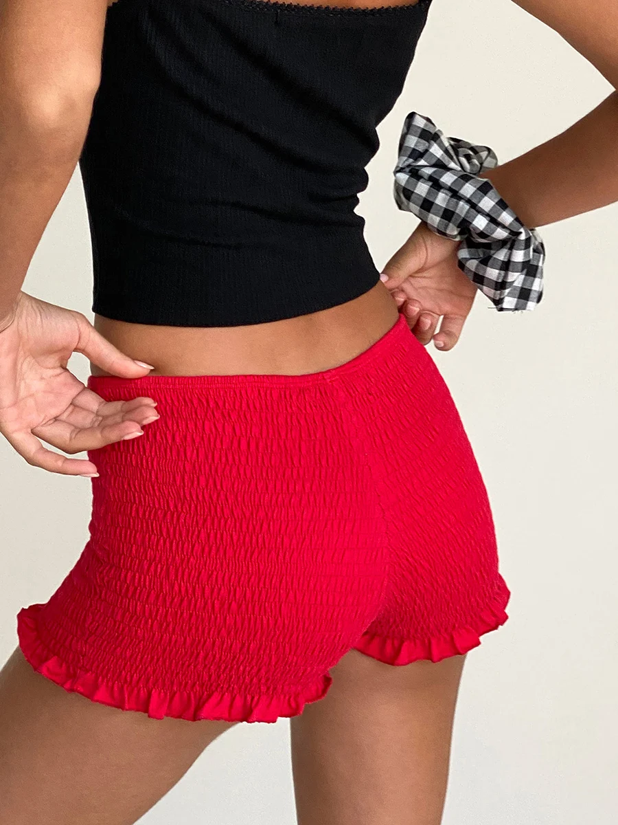 Women Frilly Ruffle Micro Bloomers Shorts Y2k Low Rise Smocked Mini Shorts Coquette Boxer Pj Shorts