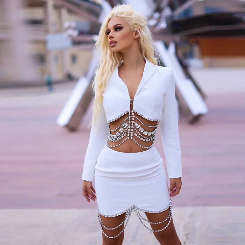 HIGH STREET Newest 2026 Designer Runway Suit Set Women's Strass Diamonds Beaded Chain Crop Blazer Mini Skirt Suit
