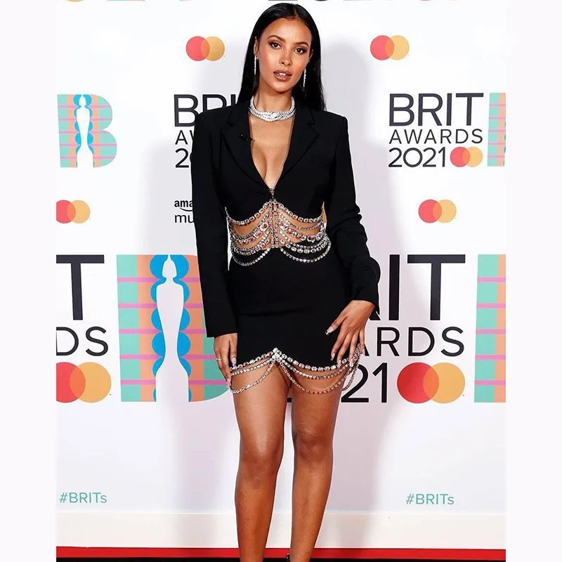 HIGH STREET Newest 2026 Designer Runway Suit Set Women's Strass Diamonds Beaded Chain Crop Blazer Mini Skirt Suit