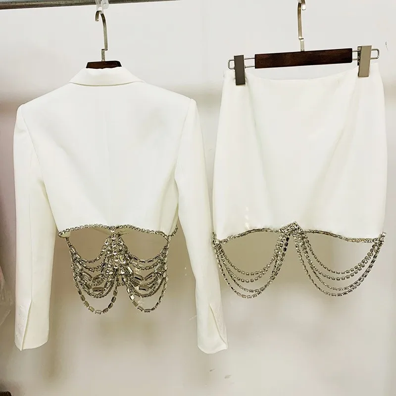 HIGH STREET Newest 2026 Designer Runway Suit Set Women's Strass Diamonds Beaded Chain Crop Blazer Mini Skirt Suit