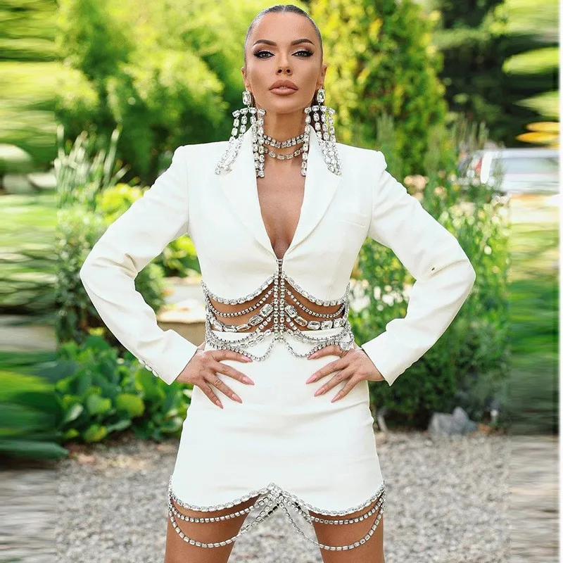 HIGH STREET Newest 2026 Designer Runway Suit Set Women's Strass Diamonds Beaded Chain Crop Blazer Mini Skirt Suit