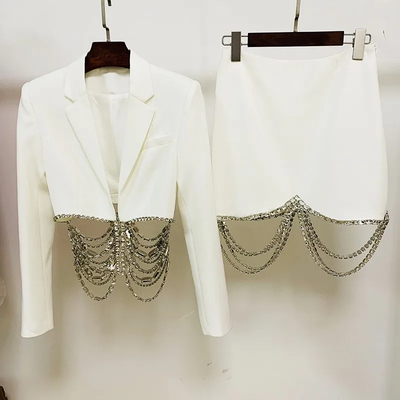 HIGH STREET Newest 2026 Designer Runway Suit Set Women's Strass Diamonds Beaded Chain Crop Blazer Mini Skirt Suit