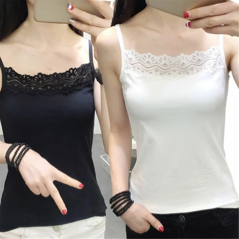 Camisole for Women Fashion Spaghetti Strap for Tank Tops Summer Lace Cami Crop Tops Solid Basic Sling Sleeveless T-shirt