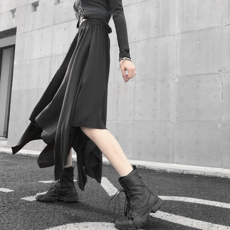 Dark Black Irregular High Waist Skirt Goth Punk Gothic Black Harajuku Long Vintage Skirt korean fashion clothing