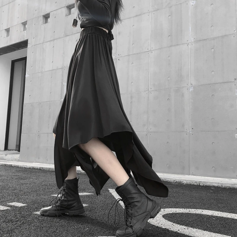 Dark Black Irregular High Waist Skirt Goth Punk Gothic Black Harajuku Long Vintage Skirt korean fashion clothing