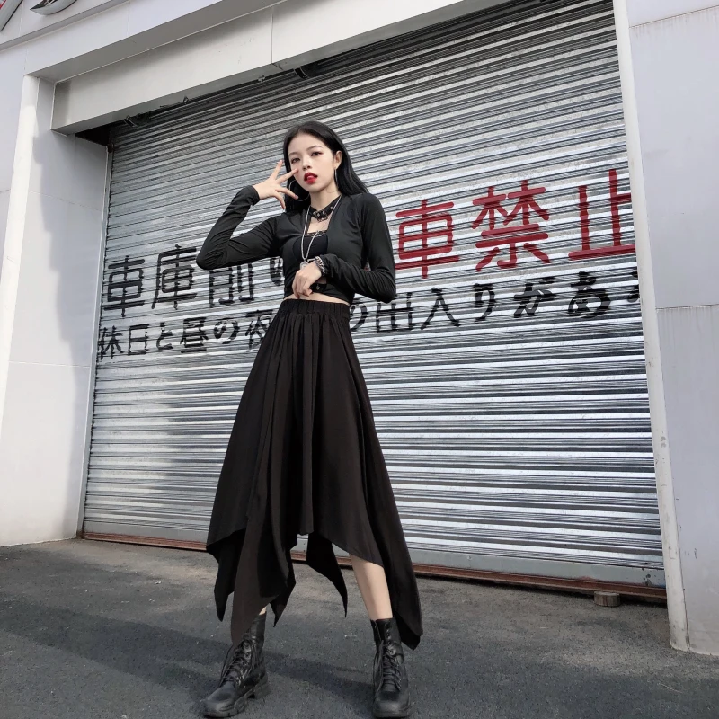 Dark Black Irregular High Waist Skirt Goth Punk Gothic Black Harajuku Long Vintage Skirt korean fashion clothing