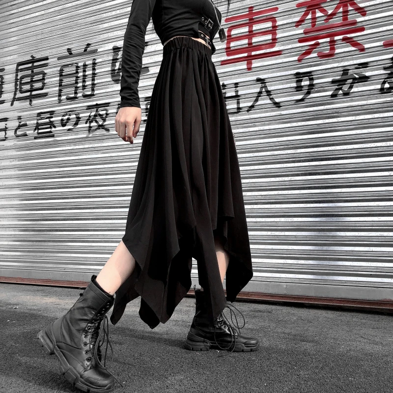 Dark Black Irregular High Waist Skirt Goth Punk Gothic Black Harajuku Long Vintage Skirt korean fashion clothing