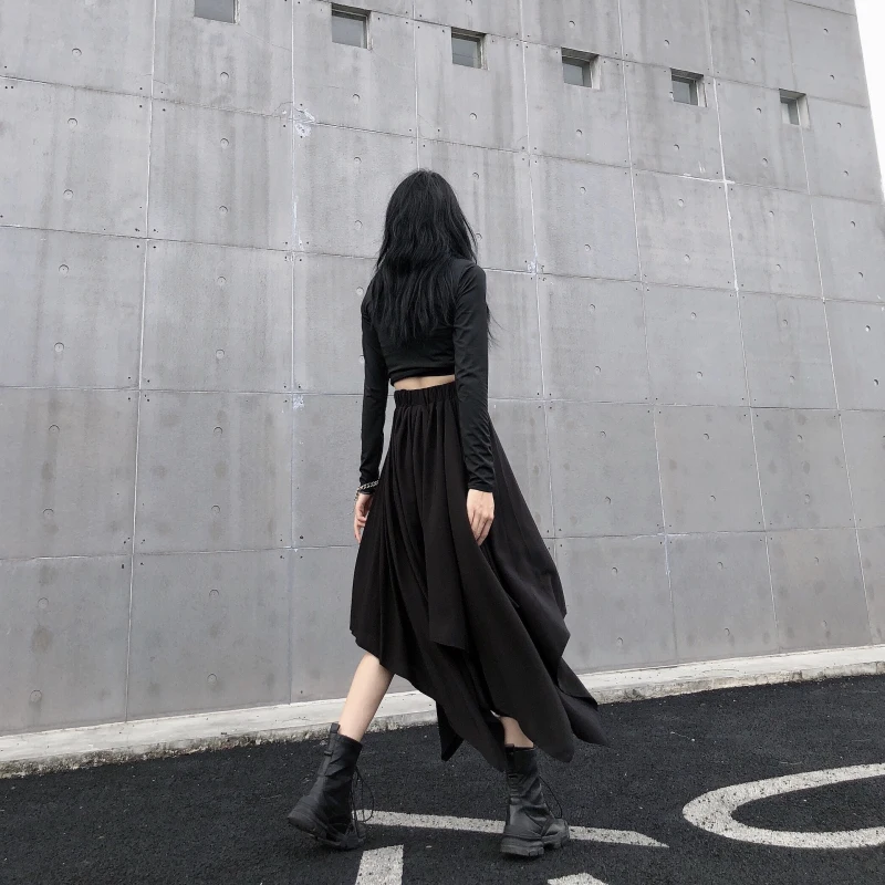 Dark Black Irregular High Waist Skirt Goth Punk Gothic Black Harajuku Long Vintage Skirt korean fashion clothing