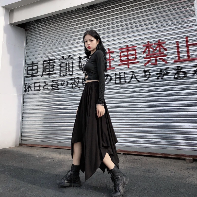 Dark Black Irregular High Waist Skirt Goth Punk Gothic Black Harajuku Long Vintage Skirt korean fashion clothing