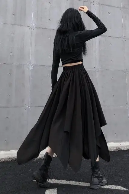 Dark Black Irregular High Waist Skirt Goth Punk Gothic Black Harajuku Long Vintage Skirt korean fashion clothing