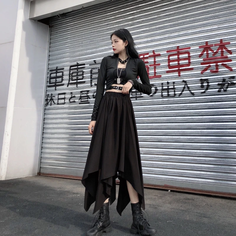Dark Black Irregular High Waist Skirt Goth Punk Gothic Black Harajuku Long Vintage Skirt korean fashion clothing