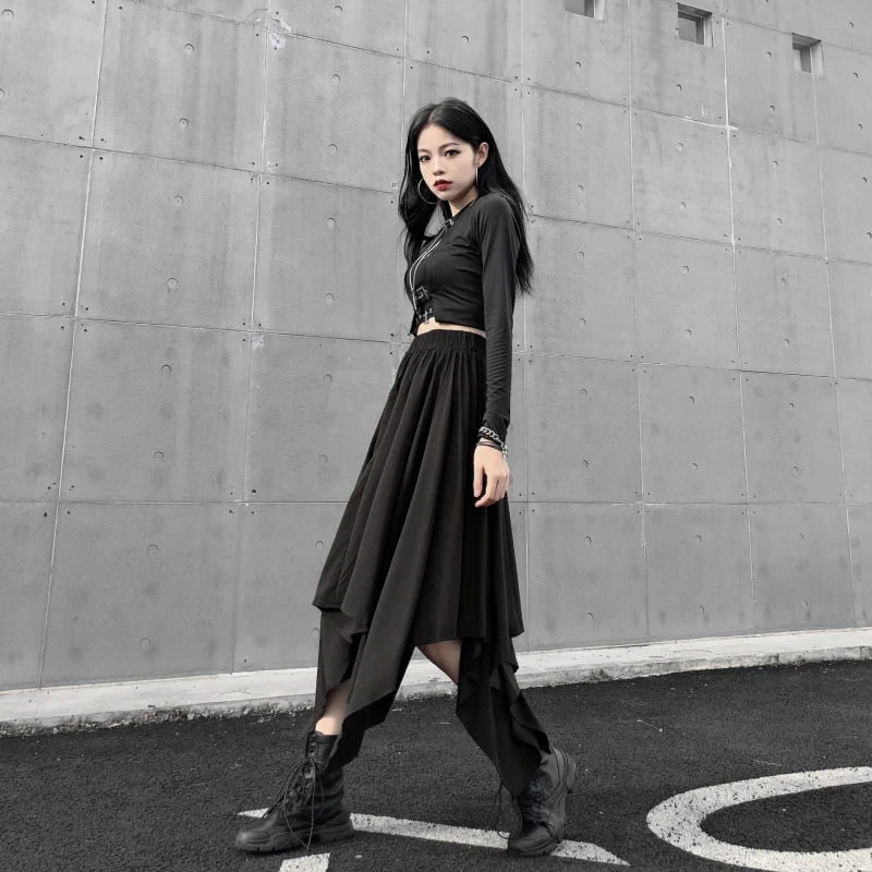 Dark Black Irregular High Waist Skirt Goth Punk Gothic Black Harajuku Long Vintage Skirt korean fashion clothing