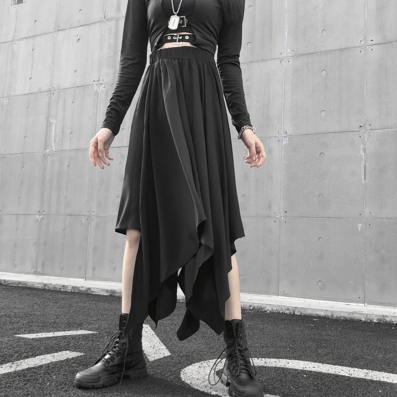 Dark Black Irregular High Waist Skirt Goth Punk Gothic Black Harajuku Long Vintage Skirt korean fashion clothing