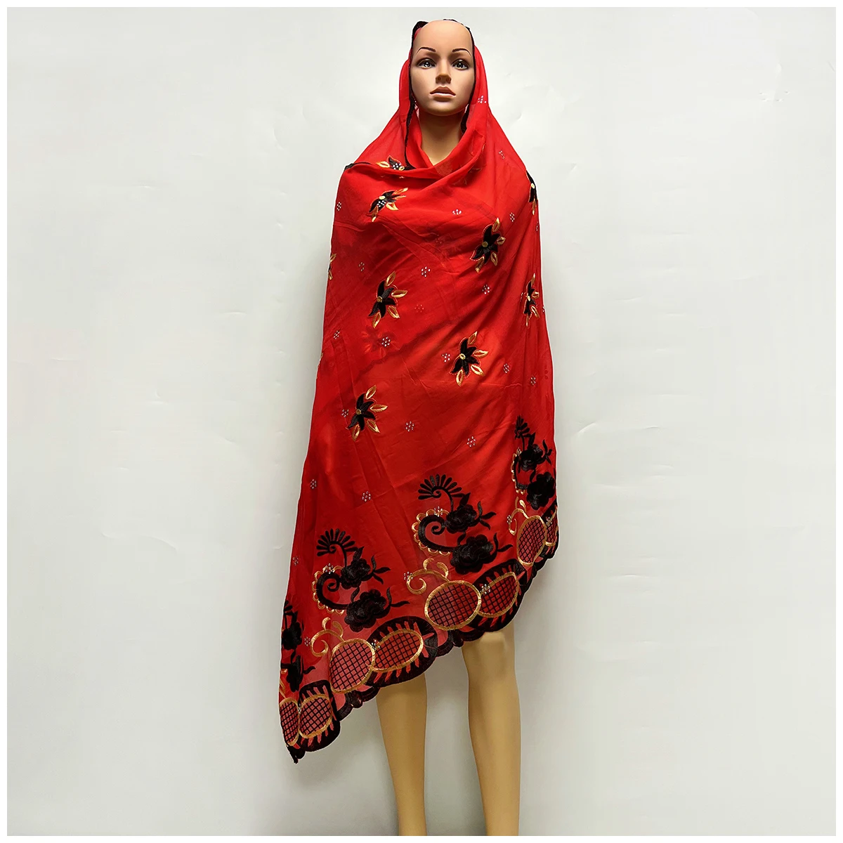 African Women Scarfs 2024 Fashion Hot Sale Big Circle Design Big Embrodiery Cotton Big Size Muslim Scarf for Shawls Pashmina