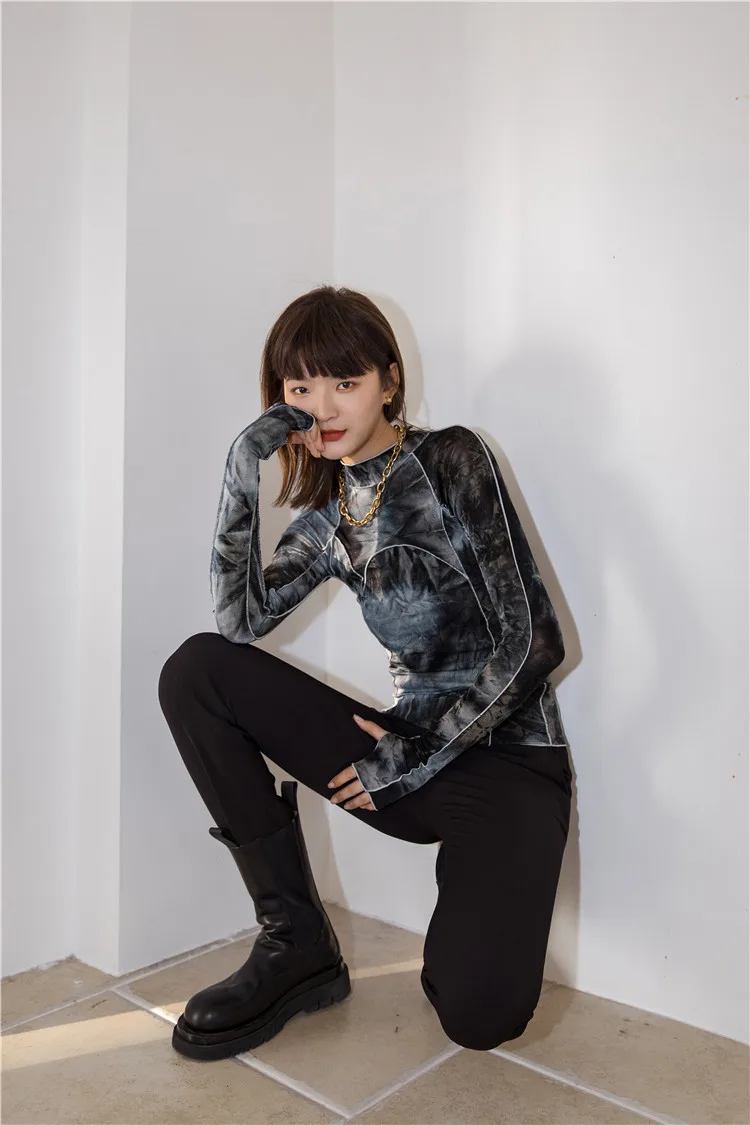 CHEERART Tie Dye Grey Black Turtleneck Woman Tshirts Bodycon Long Sleeve Top Women Fall Fashion Tee Shirt Femme Clothing