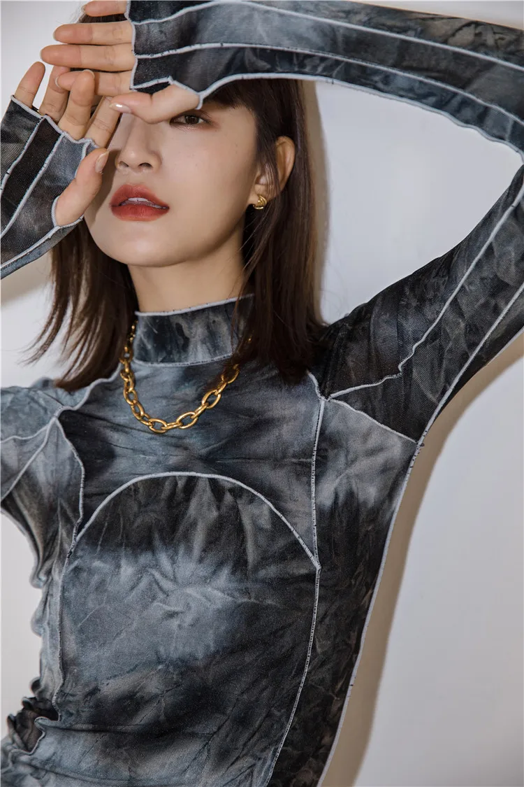 CHEERART Tie Dye Grey Black Turtleneck Woman Tshirts Bodycon Long Sleeve Top Women Fall Fashion Tee Shirt Femme Clothing