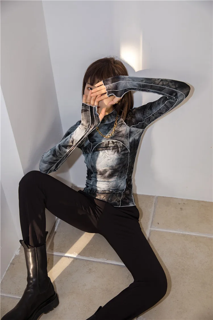 CHEERART Tie Dye Grey Black Turtleneck Woman Tshirts Bodycon Long Sleeve Top Women Fall Fashion Tee Shirt Femme Clothing