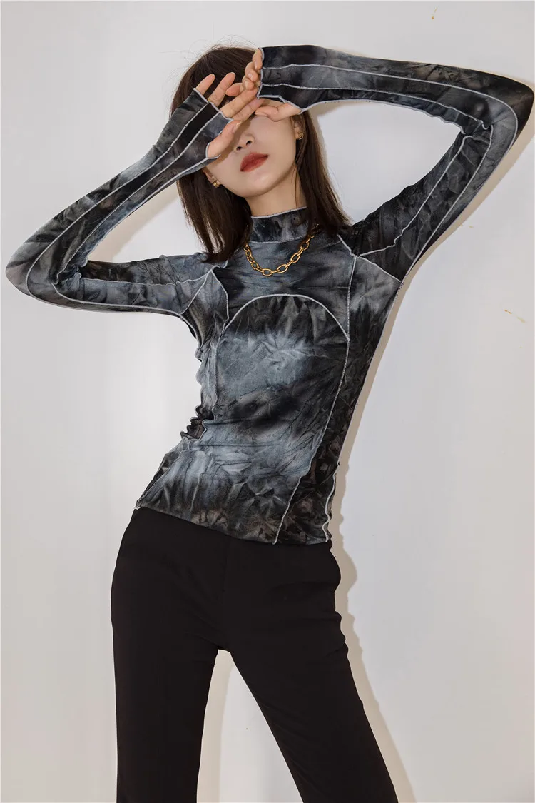 CHEERART Tie Dye Grey Black Turtleneck Woman Tshirts Bodycon Long Sleeve Top Women Fall Fashion Tee Shirt Femme Clothing